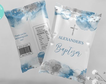 EDITABLE Chips Bag Wrapper TEMPLATE, Snack Wrapper for Baptism, Christening Communion, Confirmation, Light Blue & Silver Watercolor BA07-5