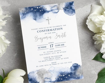 Navy Silver Confirmation Invite, Boy Watercolor Invite Template, EDITABLE Printable Male Confirmation Invitation BA07-1