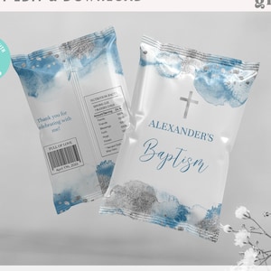 May include: Blue and silver favor bags with a cross and the text "Alexander's Baptism". The bags are decorated with a watercolor-style design.