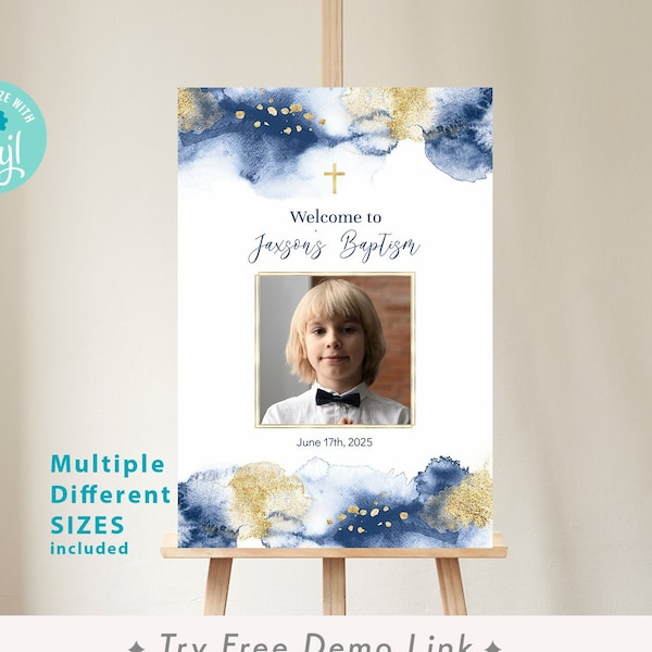 Boy 1st Communion Welcome Photo Sign, EDITABLE Baptism Poster Template, Confirmation, Christening Sign, Gold & Navy Watercolor  BA07-2