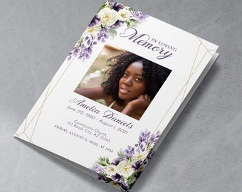 4 Page Funeral Program,  Purple & White Flowers, Editable Floral Obituary TEMPLATE, Bifold Brochure, Memorial Service for Woman, DIY FU1