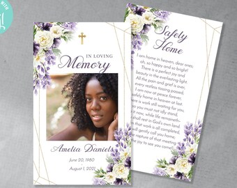 May include: A printable memorial card with a floral design in shades of purple and white. The card features a photo of a woman and the text "In Loving Memory" and "Safely Home".