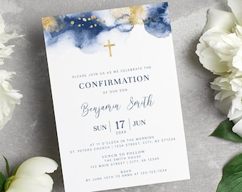 Navy Gold Confirmation Invite, Boy Watercolor Invite Template, EDITABLE Printable Male Confirmation Invitation BA07-2