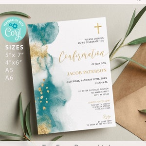 Confirmation Invite Template, Teal Gold Watercolor Abstract Religious Invitation, EDITABLE Printable Confirmation Invitation BA07-16