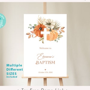 Herbst Taufe Willkommensschild, Kürbis Kreuz, EDITIERBARE Herbst Taufe Poster Vorlage, Geschlechtsneutral, Mädchen, Junge TH02-1