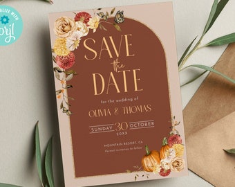 Terracotta Save The Date Card, Fall Flowers & Pumpkins, EDITABLE Floral Save Our Date Invite Template, DIY Photo Announcement, Arch, TH07-1