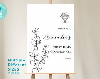 Simple 1st Communion Welcome Sign, EDITABLE Eucalyptus Confirmation Poster Template, Gender Neutral Baptism, Girl, Boy, Greenery BA08-1