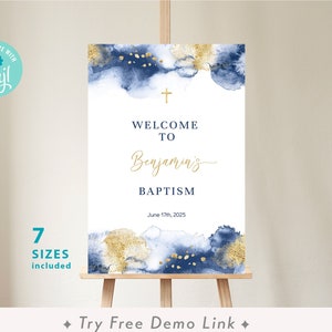Boy Baptism Welcome Sign, Gold & Navy, EDITABLE Christening Poster Template, Confirmation, Communion Sign, Watercolor Decorations  BA07-2