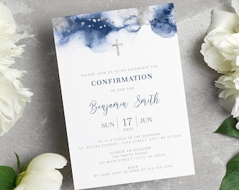 Navy & Silver Confirmation Invitation, EDITABLE Boy Confirmation Card Template, Watercolor, Religious BA07-1