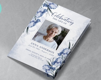 4 Page Funeral Program,  Iris Flowers, Editable Floral Obituary TEMPLATE, Bifold Brochure, Memorial Service for Woman, DIY, Light Blue FU15