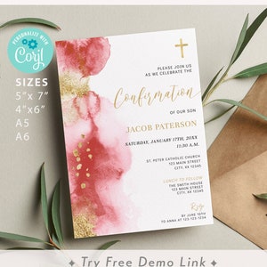 Confirmation Invite Template,  Red & Gold Watercolor Abstract Religious Invitation, EDITABLE Printable Confirmation Invitation BA07-14