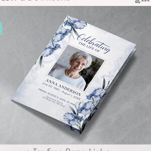 May include: A blue and white funeral program template with a floral design and a photo placeholder. The text reads "Celebrating the Life of" and includes the name "Anna Anderson" and dates. The program also includes the date and time of the funeral service.