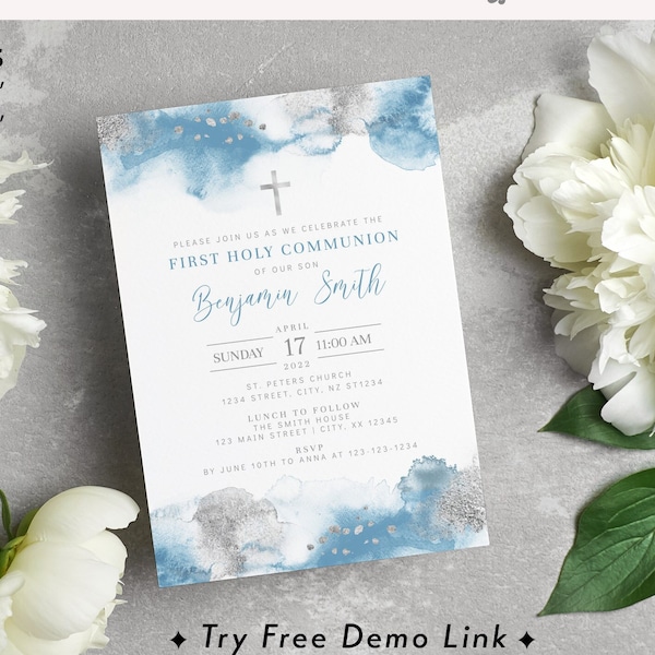 Silver Blue Communion Invitation, Editable Printable Boy First Holy Communion Invite Template, Abstract Watercolor Communion BA07-5