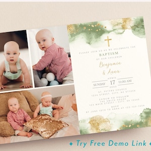 Gemeinsame Sibling Taufeinladung, EDITIERBARE Salbei Foto Collage Vorlage, Aquarell Baby Widmung, Junge Mädchen Fotokarte BA07-7