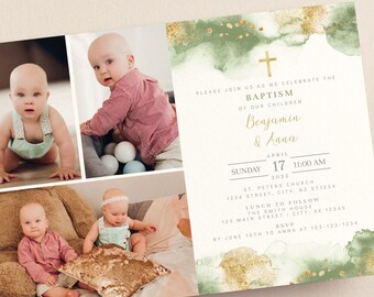 Joint Sibling Baptism Invitation, EDITABLE Sage Photo Collage Template, Watercolor Baby Dedication, Boy Girl Photo Card BA07-7