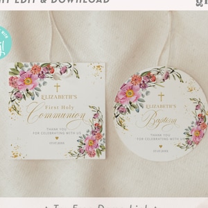 Etiqueta de agradecimento de batismo floral, círculo e quadrado, modelo de etiqueta de lembrança de comunhão para meninas EDITÁVEL, adesivo de confirmação, rosa, verde, dourado G1-3