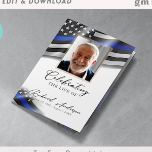 Law Enforcement 4 Page Funeral Program, Editable Police Obituary TEMPLATE, Bifold Brochure, Memorial Service with Thin Blue Line Flag FU25-1