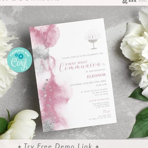 Première invitation à la communion fille, modèle d'invitation à la communion MODIFIABLE, aquarelle, rose, argent, calice, catholique, pastel doux BA07-3