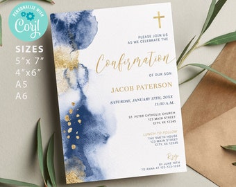 Watercolor Confirmation Invite,  Navy Gold Boy Religious Invite Template, EDITABLE Printable Male Confirmation Invitation BA07-2