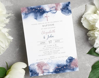 Joint Sibling Baptism Invitation, EDITABLE Twin Christening Invite TEMPLATE, Navy Pink Watercolor Communion, Confirmation BA07-12