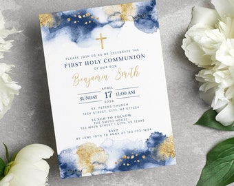 Navy & Gold 1st Communion Invitation, Editable Boy First Holy Communion Invite Template, Confirmation, Abstract Watercolor BA07-2