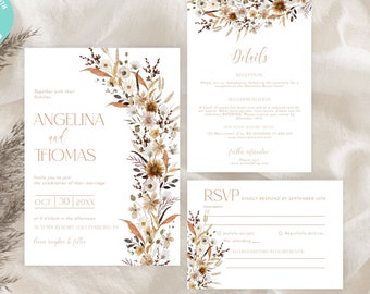 Fall Wildflower Wedding Invitation Suite, Rustic Daisy, Editable Autumn Floral Wedding TEMPLATE Set, QR Code RSVP, Details card TH06-1