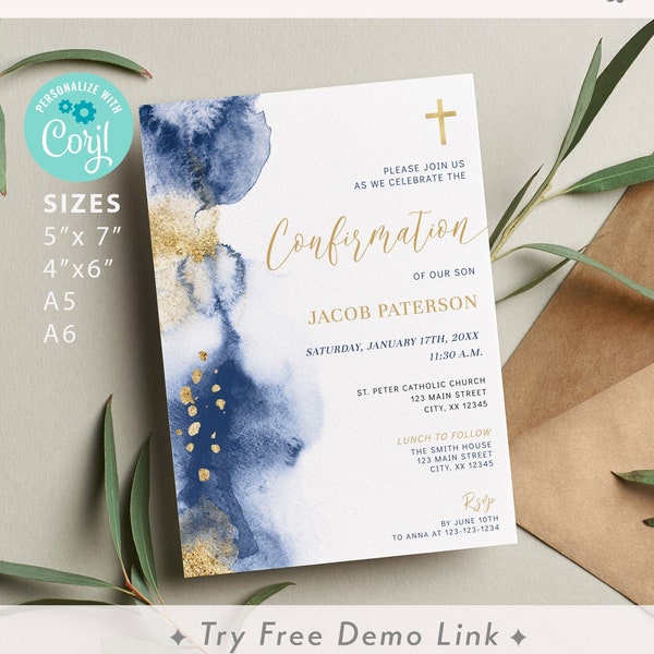 Watercolor Confirmation Invite,  Navy Gold Boy Religious Invite Template, EDITABLE Printable Male Confirmation Invitation BA07-2