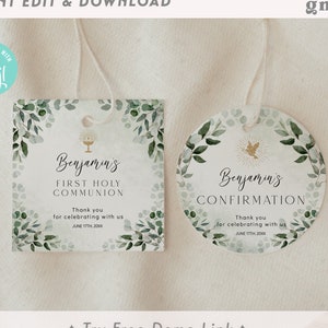 Pode incluir: Duas etiquetas de presente verdes e brancas com um design floral em aquarela. A primeira etiqueta diz "Benjamin's First Holy Communion" com um ícone de cálice. A segunda etiqueta diz "Benjamin's Confirmation" com um ícone de pombo. Ambas as etiquetas têm o texto "Obrigado por celebrar conosco" e uma data.