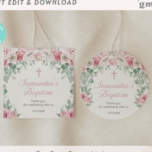 Etiqueta de agradecimento de batismo floral, círculo e quadrado, modelo de etiqueta de lembrança de comunhão para meninas EDITÁVEL, adesivo, flores rosa, religioso TH05-5