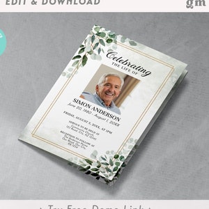 4 Page Funeral Program, Greenery, Editable Green Leaves Obituary TEMPLATE, Bifold Brochure, Memorial Service for Woman or Man, DIY FU20