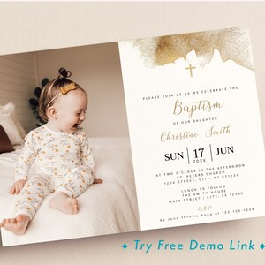 Modern Baptism Photo Invitation, Editable Printable Christening Invite, Gold Baptism Invitation Template BA01