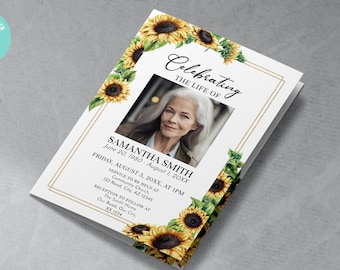 Sunflower 4 Page Funeral Program, Editable Floral Obituary TEMPLATE, Bifold Brochure, Memorial Service for Woman, Yellow Flowers, DIY FU12