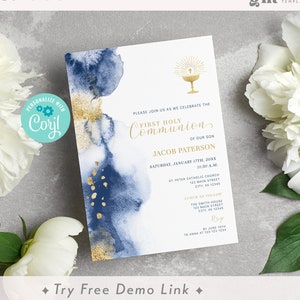1st Communion Invitation with Chalice, Navy & Gold, EDITABLE Boy First Holy Communion Invite Template, Watercolor, Catholic BA07-2