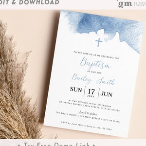 Blue Boy Baptism Invite Template, Editable Christening Invitation, Dedication, Baby Blue Watercolor BA01-1