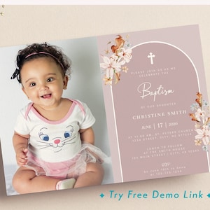 Tarjeta de invitación con foto para bautizo de niña en color rosa empolvado, plantilla de invitación de bautizo con arco bohemio EDITABLE, con imagenBA04