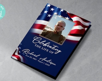 Veteran 4 Page Funeral Program, Editable Military Obituary TEMPLATE, Bifold Brochure, Memorial Service with Flag, DIY FU11
