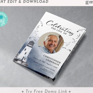 Programme de funérailles de 4 pages, mer et oiseaux, modèle de notice nécrologique modifiable, brochure à deux volets, service commémoratif à faire soi-même, phare FU23