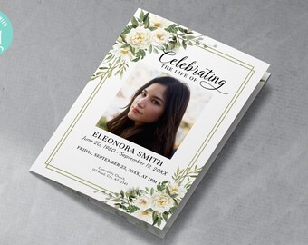 4 Page Funeral Program, White Roses & Greenery, Editable Obituary TEMPLATE, Bifold Brochure, Memorial Service for Woman FU19