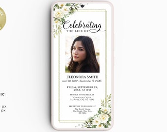 Floral Electronic Death Announcement, EDITABLE White Roses Funeral Evite TEMPLATE, Digital Celebration of Life Invite for Woman FU19