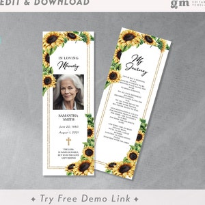 Floral Funeral Bookmark, Sunflower, Editable Memorial Bookmark TEMPLATE, Funeral Keepsake, DIY, Celebration of life, Woman FU12
