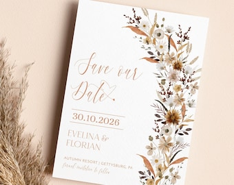 Rustic Fall Save The Date Photo Card, EDITABLE Save Our Date Invite Template, Autumn Wildflower, Boho,  Floral, DIY Announcement TH06-1