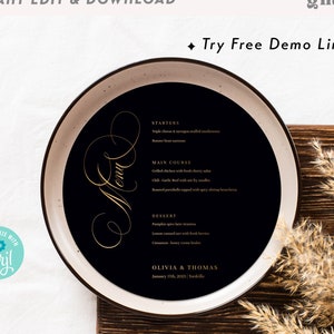 Elegant Round Wedding Table Menu Template, Black & Gold, EDITABLE Circle Dinner Menu Card, Bridal Shower Menu, DIY WE1-10