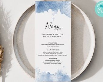 Blue Watercolor Christening Menu, EDITABLE Boy Baptism Table Menu Card Template, Dinner Menu  BA01-1