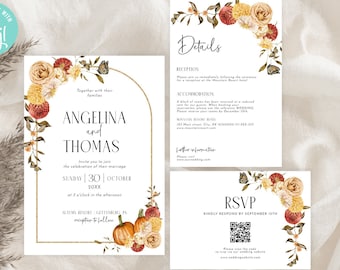 Dahlia Wedding Invitation Suite, Fall Pumpkins & Flowers, Editable Autumn Wedding TEMPLATE Set, QR Code RSVP, Details card, Boho Arch TH07-2