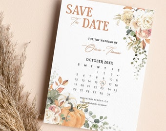 Rustic Calendar Save The Date Card, Fall Flowers & Pumpkins, EDITABLE Floral Save Our Date Invite Template, DIY Photo Announcement  TH01-1