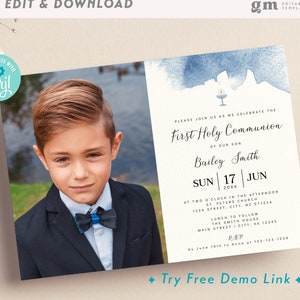 Blue Communion Photo Invitation, Editable Printable Boy First Holy Communion Invite Template, Watercolor Communion, Chalice BA01-1