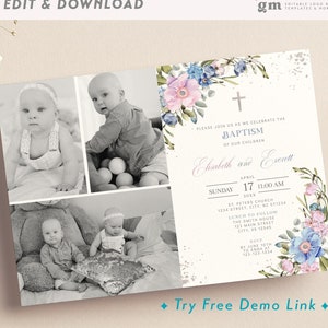 Faire-part de baptême entre frères et sœurs, modèle de carte d'invitation multi-photos MODIFIABLE, communion florale garçon et fille, baptême des jumeaux, pastel doux G1-4