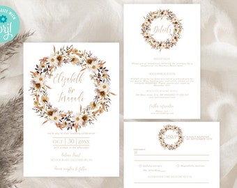 Rustic Fall Wedding Invitation Suite, Wildflower Wreath, Editable Autumn Floral Wedding TEMPLATE Set, QR Code RSVP, Details card TH06-2