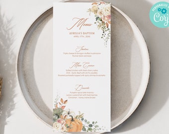 Menusjabloon Tall Fall Dinner Table, pompoenen en rozen, BEWERKBARE menukaart doop, vrijgezellenfeest, Thanksgiving, DIY-bruiloft, rustiek TH01-1