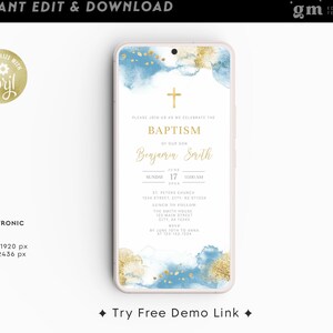 Boy Baptism Electronic Invite, Light Blue & Gold,  EDITABLE Christening Evite TEMPLATE, Watercolor Text Message Invitation BA07-8